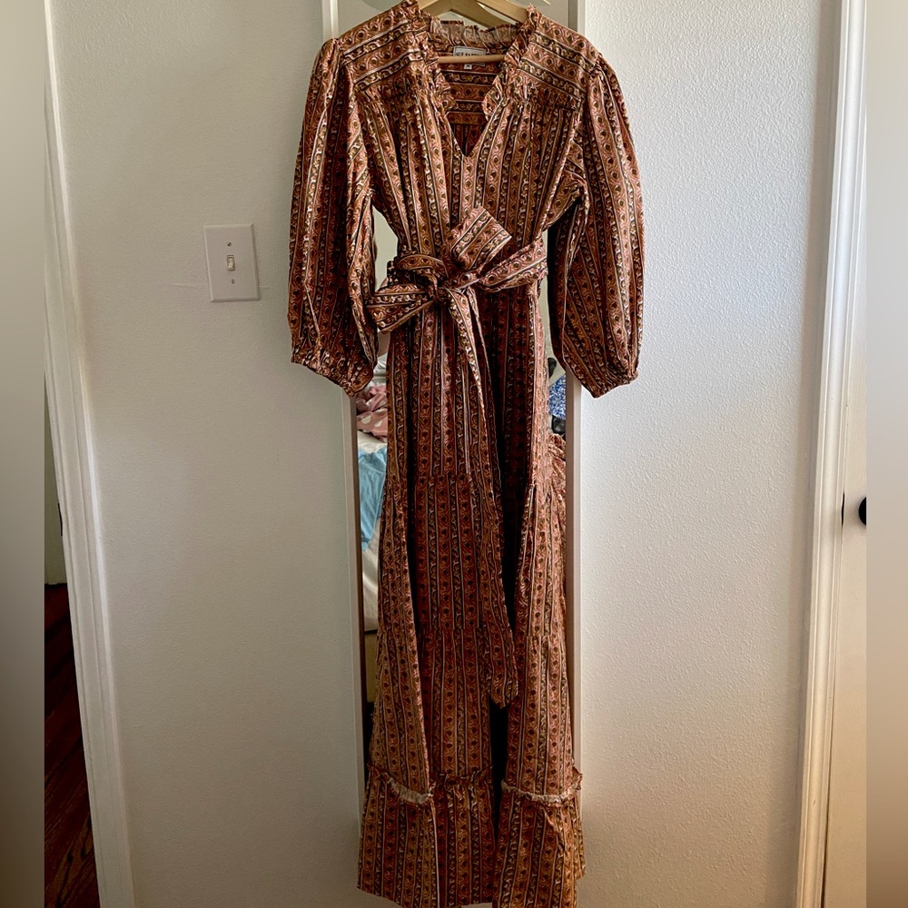 SUE SARTOR Arles Kaftan Dress | Sage / Bisque Botanical Stripe Medium. NEW.